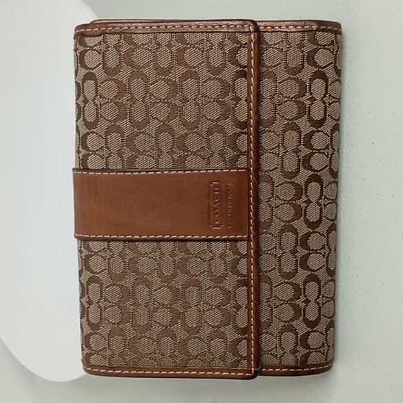 Coach Signature Jacquard & Leather Tri Fold Wallet Tan w/Red Interior - Picture 1 of 13